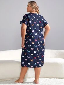 Plus Butterfly Print Batwing Sleeve Nightdress - Navy Blue - View 2