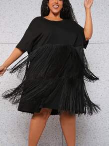 SHEIN CURVE+ Plus Fringe Trim Batwing Sleeve Dress - Black - View 1