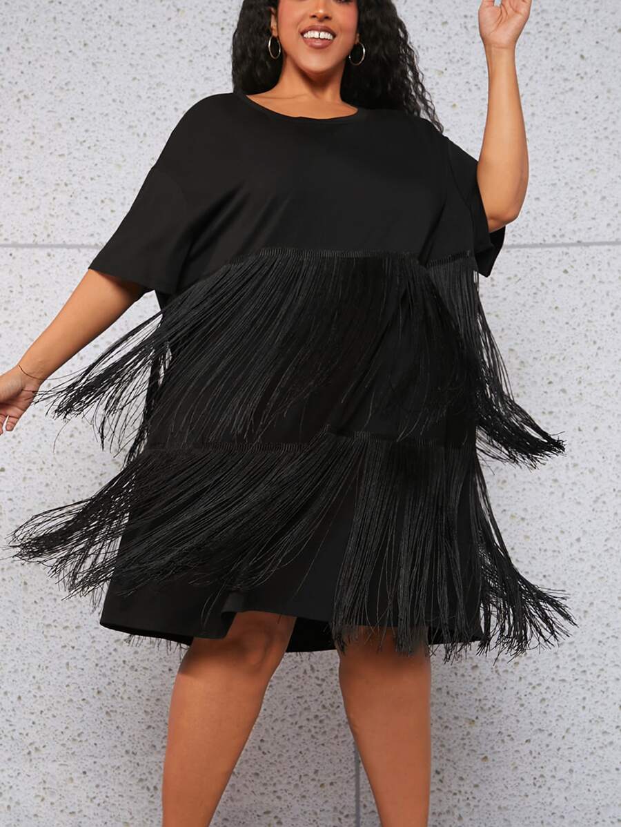 SHEIN CURVE+ Plus Fringe Trim Batwing Sleeve Dress - Black - View 1