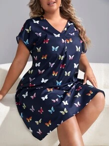 Plus Butterfly Print Batwing Sleeve Nightdress - Navy Blue - View 5