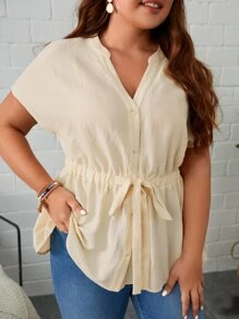 SHEIN LUNE Plus Drawstring Waist Batwing Sleeve Peplum Blouse - Apricot - View 1