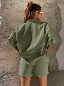 Breezaya Solid Button Through Drop Shoulder Shirt & Shorts - Army Green - View 2