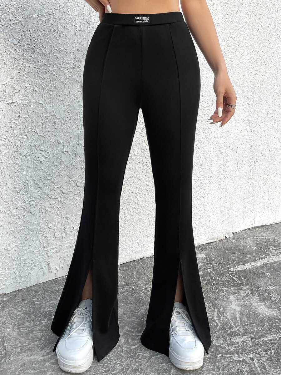 SHEIN EZwear Letter Patched Detail Split Hem Flare Leg Pants - Black - View 1