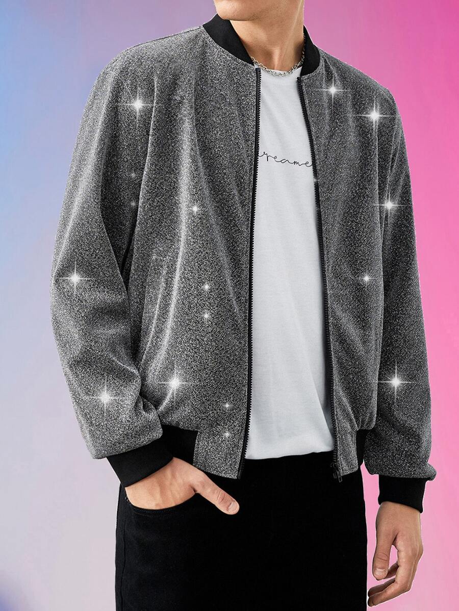 Manfinity Men Zip Up Glitter Bomber Jacket - Silver - View 1