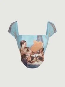 SHEIN MOD Áo thun nữ Bất đối xứng Con số Giải trí - Màu xanh lam - Xem 1