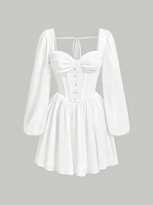 SHEIN MOD Sweetheart Neck Lantern Sleeve Bustier Dress - White - View 1