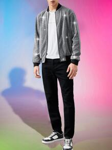 Manfinity Men Zip Up Glitter Bomber Jacket - Silver - View 3