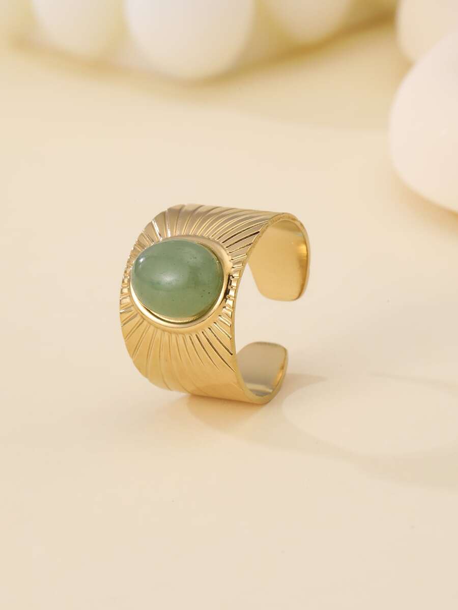 1 Chiếc Nhẫn Mở Bằng Thép Không Gỉ Mạ Vàng 14K Thời Trang Phong Cách Baroque Trang Trí Bằng Đá Tự Nhiên Thích Hợp Cho Phụ Nữ Đeo Hàng Ngày, Quà Tặng - Màu xanh Bạc hà - Xem 1