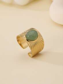 1 Chiếc Nhẫn Mở Bằng Thép Không Gỉ Mạ Vàng 14K Thời Trang Phong Cách Baroque Trang Trí Bằng Đá Tự Nhiên Thích Hợp Cho Phụ Nữ Đeo Hàng Ngày, Quà Tặng - Màu xanh Bạc hà - Xem 3