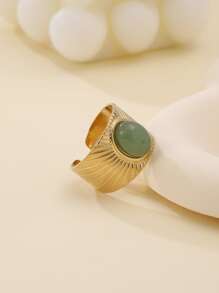 1 Chiếc Nhẫn Mở Bằng Thép Không Gỉ Mạ Vàng 14K Thời Trang Phong Cách Baroque Trang Trí Bằng Đá Tự Nhiên Thích Hợp Cho Phụ Nữ Đeo Hàng Ngày, Quà Tặng - Màu xanh Bạc hà - Xem 5