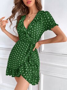 SHEIN VCAY Đầm Thắt lưng Viên lá sen Trọn gói Chấm bi Giải trí - xanh quân đội - Xem 1