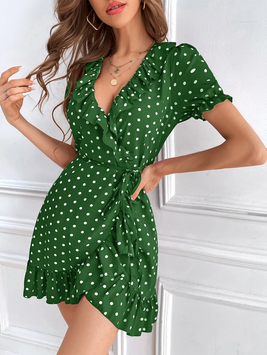 SHEIN VCAY Đầm Thắt lưng Viên lá sen Trọn gói Chấm bi Giải trí - xanh quân đội - Xem 1