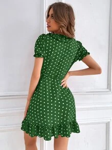 SHEIN VCAY Đầm Thắt lưng Viên lá sen Trọn gói Chấm bi Giải trí - xanh quân đội - Xem 2