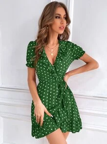 SHEIN VCAY Đầm Thắt lưng Viên lá sen Trọn gói Chấm bi Giải trí - xanh quân đội - Xem 4