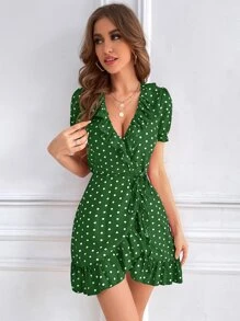 SHEIN VCAY Đầm Thắt lưng Viên lá sen Trọn gói Chấm bi Giải trí - xanh quân đội - Xem 5