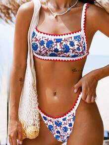 Floral Print Whip Stitch Summer Beach Bikini Set - Multicolor - View 3