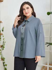 Mulvari 大碼撞色捲邊袖襯衫 - 霧霾藍 - 查看 3