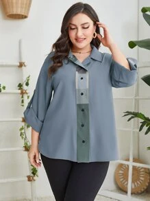 Mulvari 大碼撞色捲邊袖襯衫 - 霧霾藍 - 查看 4