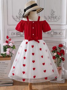 Girls Heart Print Cold Shoulder Bow Front Mesh Overlay Dress - Red and White - View 1