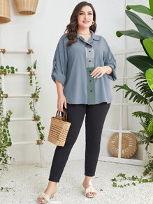 Mulvari 大碼撞色捲邊袖襯衫 - 霧霾藍 - 查看 6