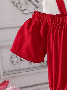 Girls Heart Print Cold Shoulder Bow Front Mesh Overlay Dress - Red and White - View 3