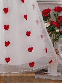 Girls Heart Print Cold Shoulder Bow Front Mesh Overlay Dress - Red and White - View 4