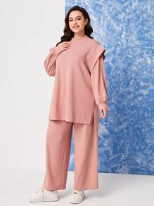 Mulvari Plus Mock Neck Drop Shoulder Sweatshirt & Trousers - Dusty Pink - View 3