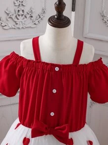 Girls Heart Print Cold Shoulder Bow Front Mesh Overlay Dress - Red and White - View 5
