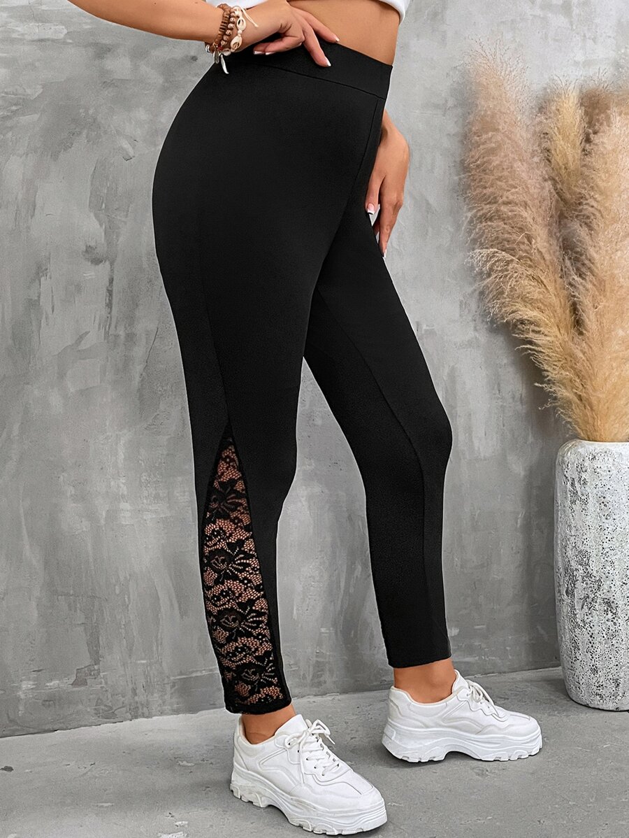 SHEIN LUNE Quần lót kích thước lớn Tương phản ren màu trơn Giải trí - màu đen - Xem 1