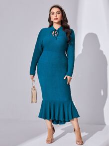Modelyn Plus Tie Neck Mermaid Hem Bodycon Dress - Teal Blue - View 5
