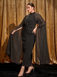 Modelyn Plus Mock Neck Split Sleeve Glitter Dress - Black - View 5