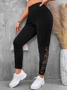 SHEIN LUNE Quần lót kích thước lớn Tương phản ren màu trơn Giải trí - màu đen - Xem 4