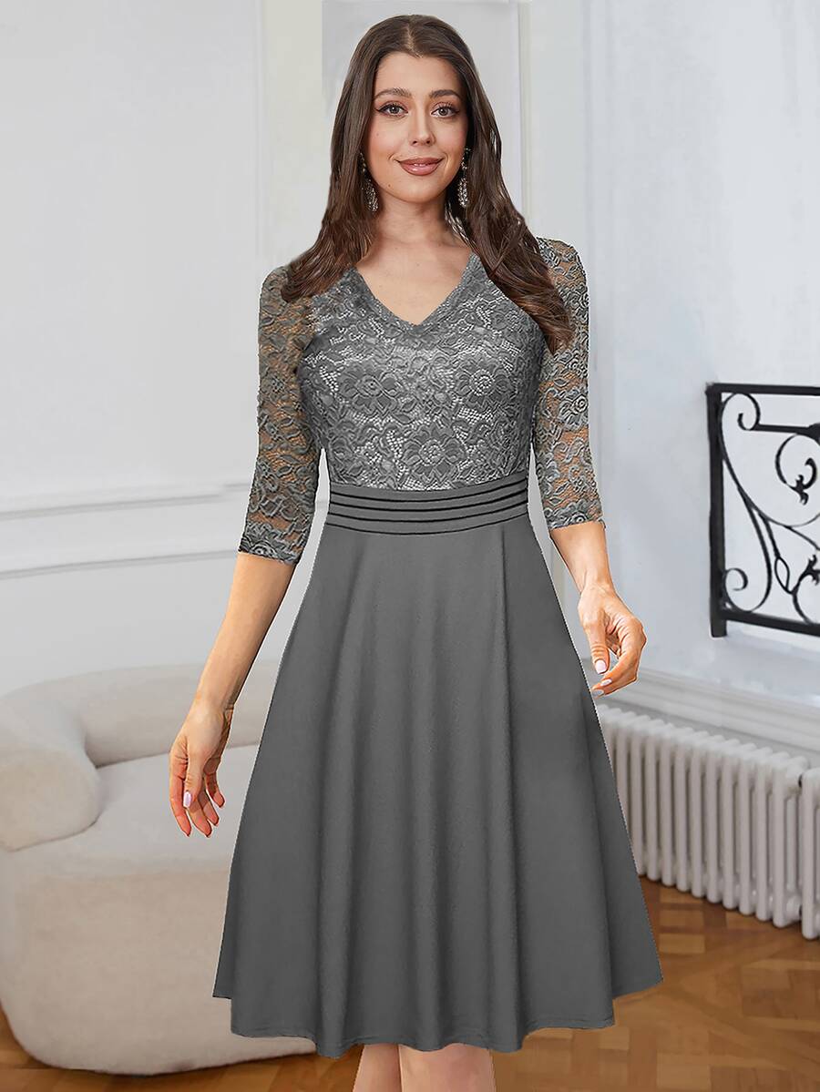 Đầm Xếp li Sò điệp Hoa Thanh lịch - Xám - Xem 1