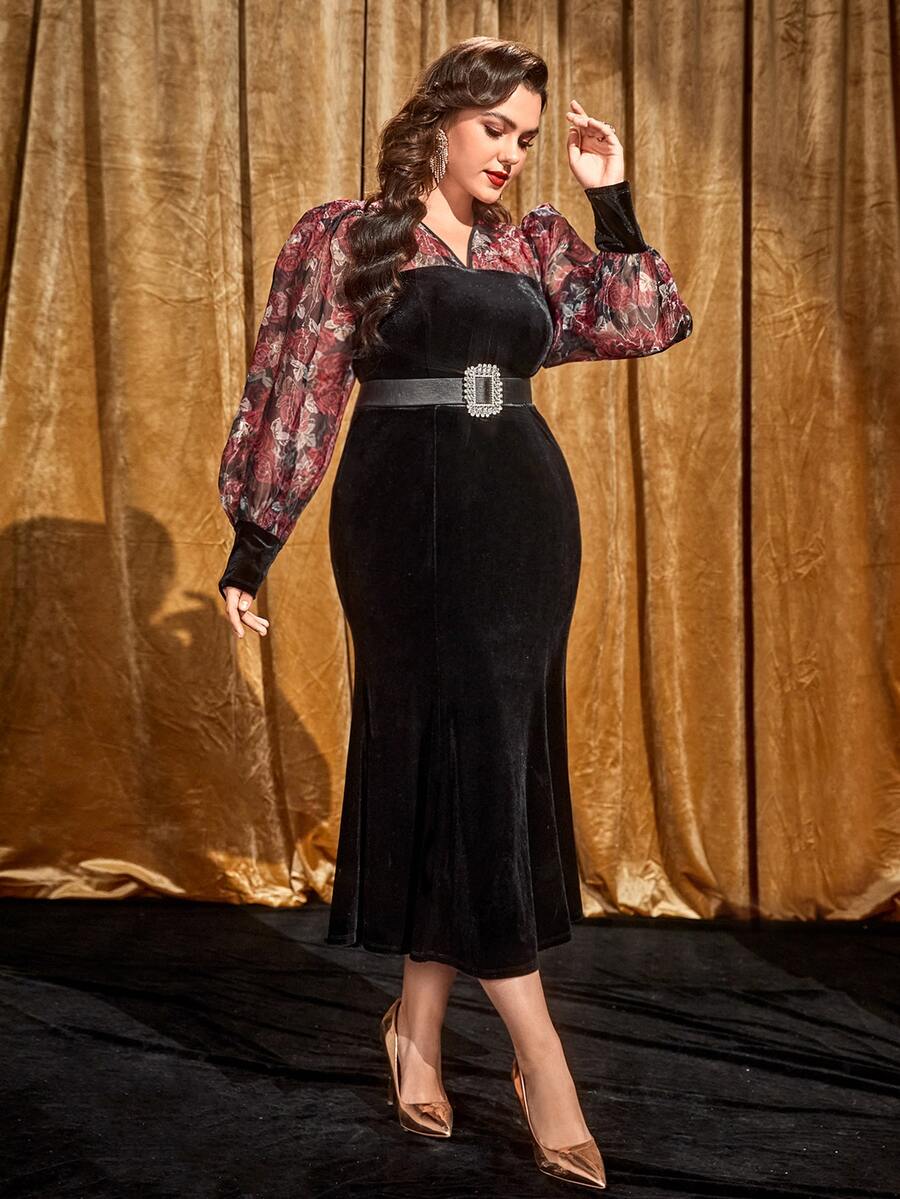 Modelyn Vestido de malla en contraste con estampado floral de manga farol bajo sirena - Negro - Ver 1