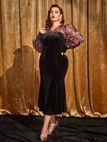 Modelyn Vestido de malla en contraste con estampado floral de manga farol bajo sirena - Negro - Ver 4