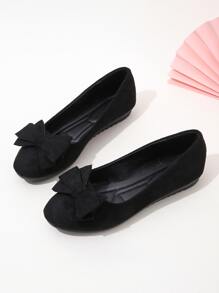 Plus Size Women's Round Toe Faux Suede Slip-On Ballet Flats With Bow Decor, Comfortable & Breathable, Suitable For Spring & Autumn - Black - View 3