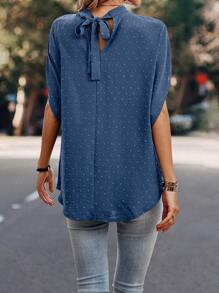 SHEIN LUNE Swiss Dot Mock Neck Batwing Sleeve Blouse - Blue - View 2