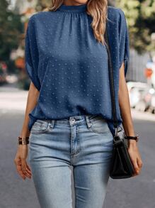 SHEIN LUNE Swiss Dot Mock Neck Batwing Sleeve Blouse - Blue - View 3