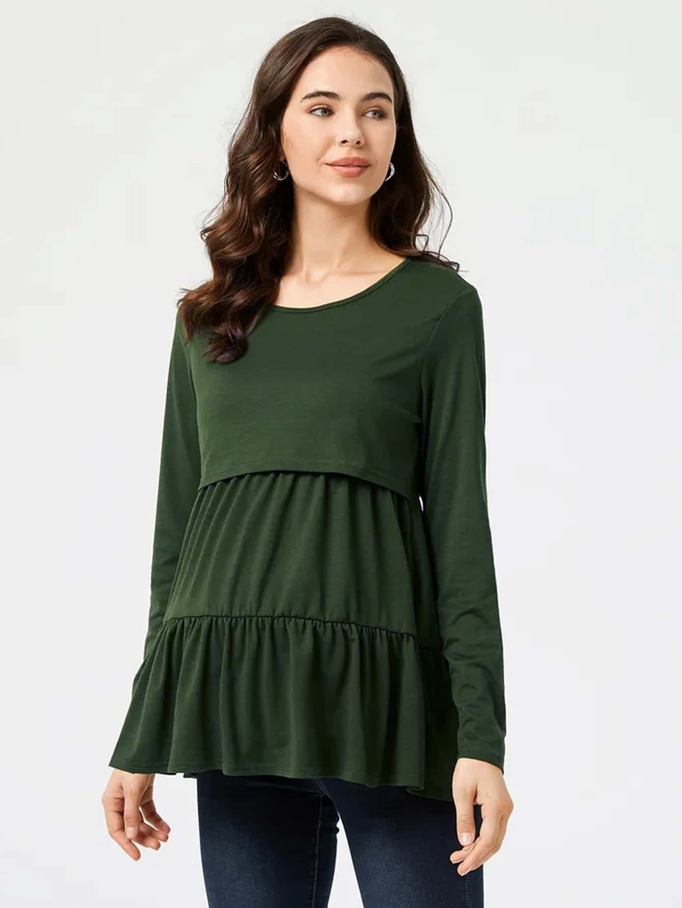 Maternity Solid Nursing Top - Dark Green - View 1