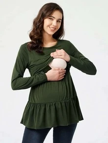 Maternity Solid Nursing Top - Dark Green - View 3