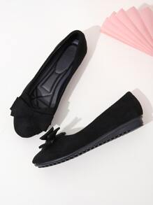 Plus Size Women's Round Toe Faux Suede Slip-On Ballet Flats With Bow Decor, Comfortable & Breathable, Suitable For Spring & Autumn - Black - View 6
