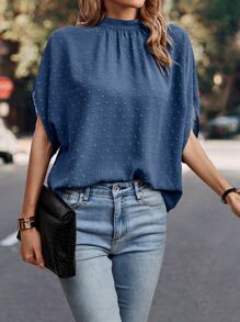 SHEIN LUNE Swiss Dot Mock Neck Batwing Sleeve Blouse - Blue - View 5