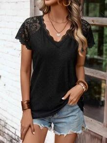 SHEIN LUNE Contrast Lace Raglan Sleeve Tee - Black - View 3