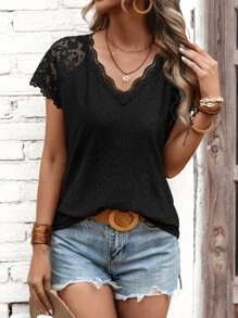 SHEIN LUNE Contrast Lace Raglan Sleeve Tee - Black - View 4