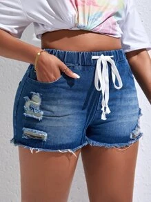 SHEIN SXY Plus Drawstring Waist Ripped Raw Cut Denim Shorts - Medium Wash - View 5