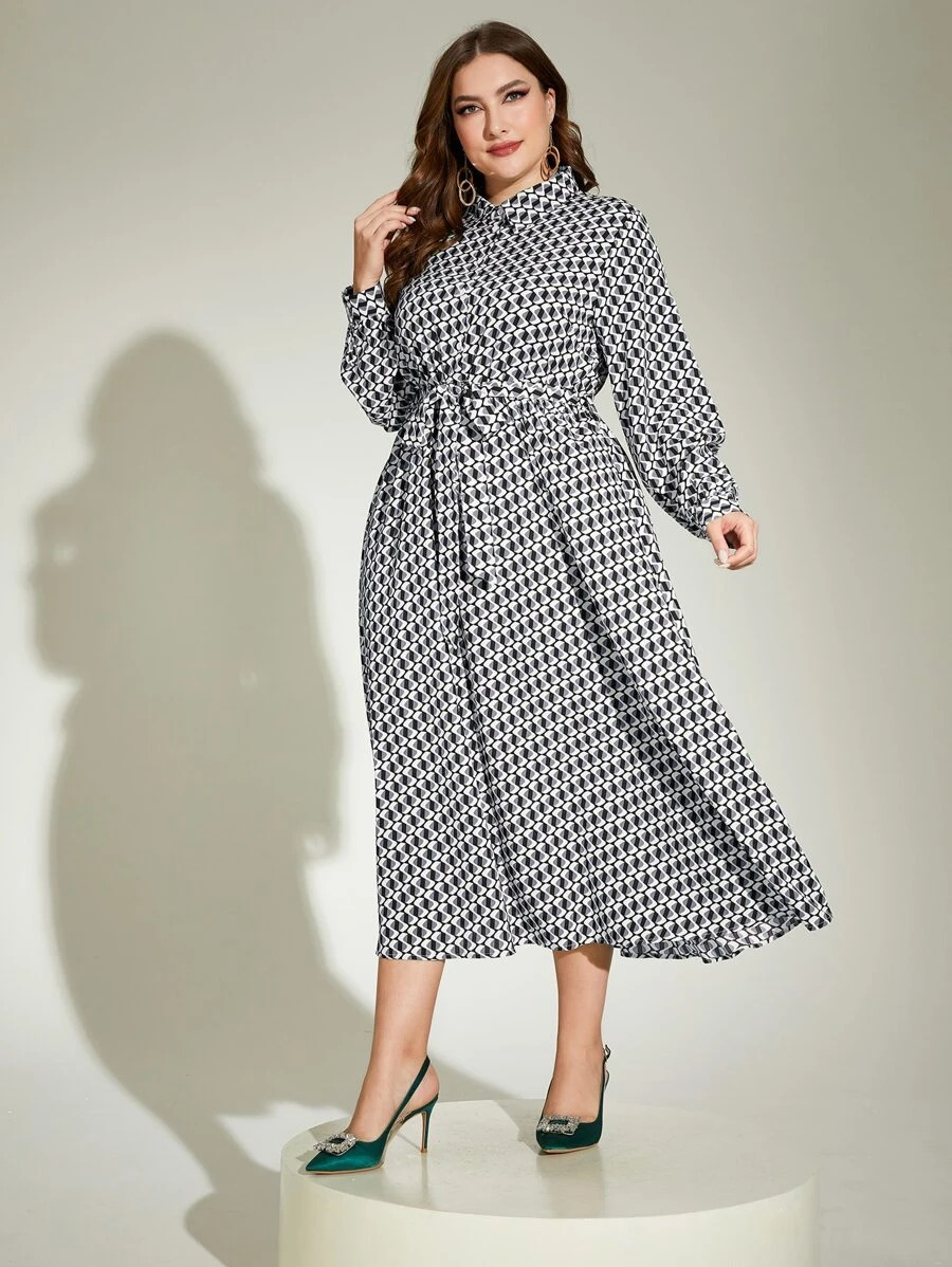 Mulvari Plus Allover Print Belted Shirt Dress - Multicolor - View 1