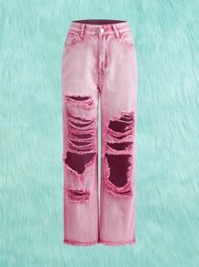 ROMWE Kawaii Jeans de pierna recta desgarro bajo crudo - Rosa - Ver 1