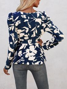 SHEIN LUNE Floral Print Puff Sleeve Belted Blouse - Navy Blue - View 2