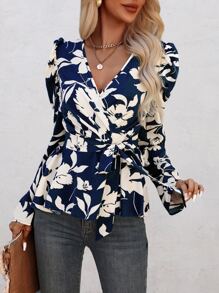 SHEIN LUNE Floral Print Puff Sleeve Belted Blouse - Navy Blue - View 3