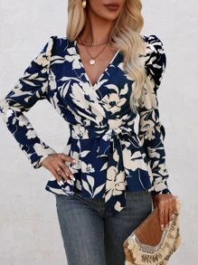 SHEIN LUNE Floral Print Puff Sleeve Belted Blouse - Navy Blue - View 6